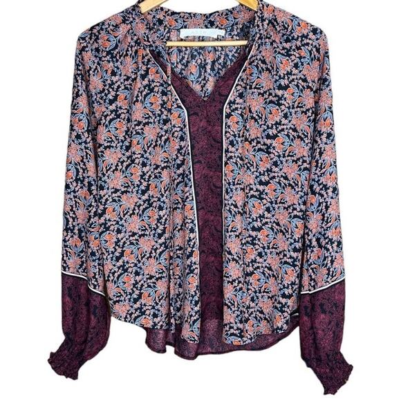 ASTR The Label Floral Long Sleeve Peasant Top Blouse Burgundy Small - Picture 2 of 6